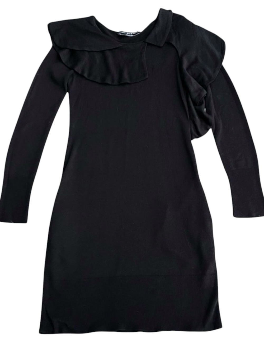 Pringle 1815 Scotland Black Ruffle Collar Long Sleeve Pockets Knit Dress (XS)